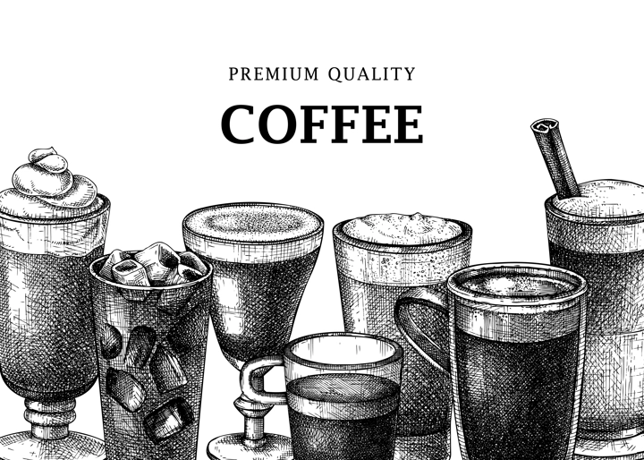 Hand-sketched coffee background. Vector sketches of mugs with aromatic caffeine drinks. Vector beverages banners for café, cafeteria, restaurant menu